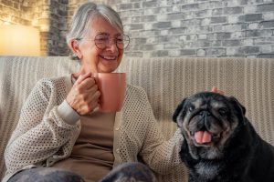 senior happy woman sitting on sofa with old black pug dog
